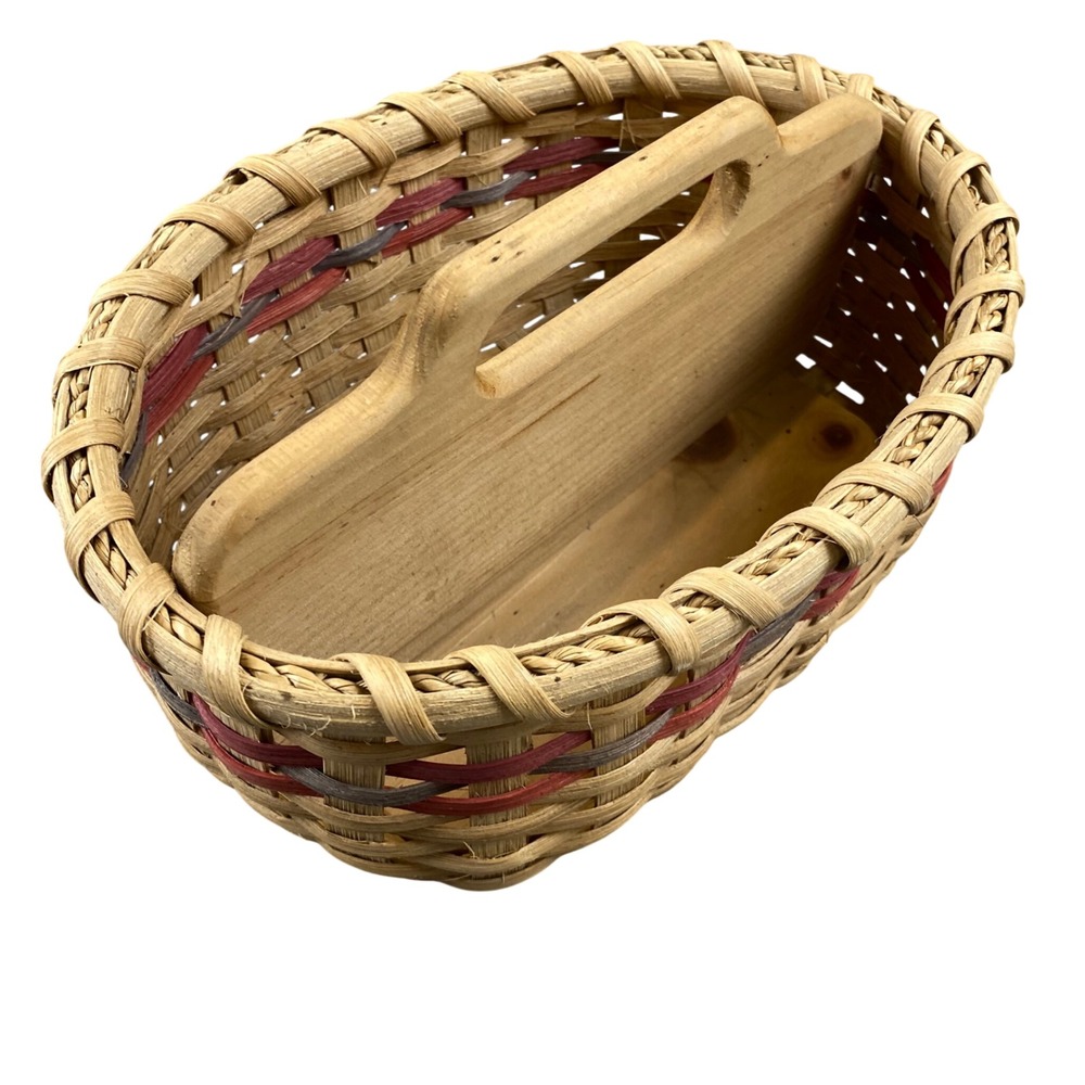Vintage Woven Basket Wood Divider Handle Utensil Caddy Farmhouse Primitive Decor